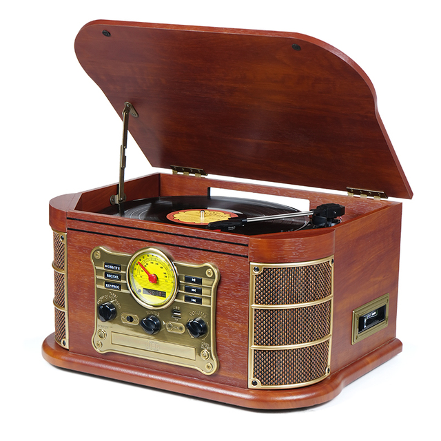 RetroTurntable CD Cassette Bluetooth USB SD AM FM Radio Vinyl LP Record Player With Speakers