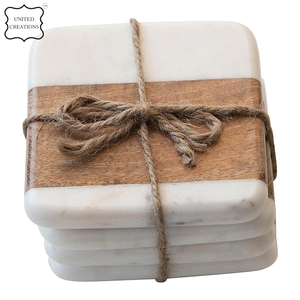 Creative Square Ceramic Coasters Set Classic Acacia <b>Wood</b> and Marble <b>for</b> <b>Tea</b> Coffee Drinks-<b>for</b> Bar or Home Use - Product Image 3