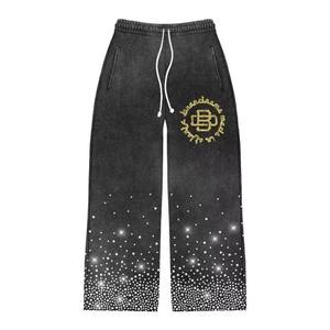 Sweat Pant for <b>Men</b> Zipper Rhinestones Screen Print Heavy Cotton Baggy French Terry Jogger Track Sweatpants - Product Image 3