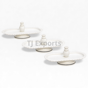 Soporte Ovalado de Dos Niveles para Postres y Chocolate con Bandejas de Metal Blanco y Pilares Decorativos de Madera - Product Image 6