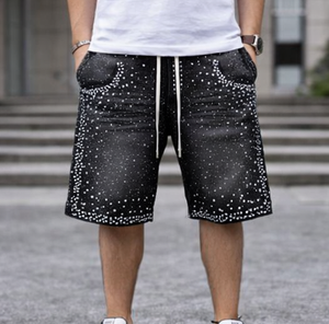 <b>Mens</b> Streetwear Denim <b>Shorts</b> Elastic Waist High Woven Solid Distressed Embroidery <b>Patch</b> Rhinestone Detail Flared Summer Style - Product Image 1
