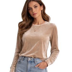 Women <b>Long</b> <b>Sleeve</b> Velour Crew <b>T</b>-<b>shirt</b> 220GSM Custom Made Own Brand Classic Velvet Luxury Streetwear Solid Eco-Friendly Quick Dry - Product Image 1