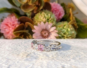 Solid 14K White Gold Pink White Moissanite Seven Stone Minimalist Cushion Wedding Band Stackable Anniversary Promise Gift Ring - Product Image 2