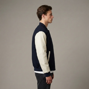 <b>Men's</b> Navy <b>Blue</b> Wool Jacket Cream Sleeves Custom Logo Rib Knit Collar Cuffs Snap Front Premium Streetwear Bomber Outerwear Style - Product Image 3