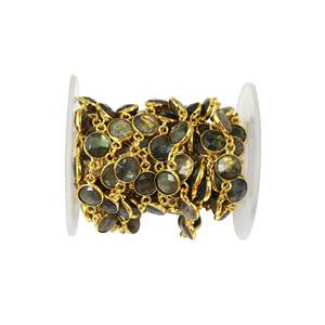 18k Gold Plated Round Shape <b>Labradorite</b> Gemstones Bezel Set Connector Sterling Silver Chain - Product Image 1