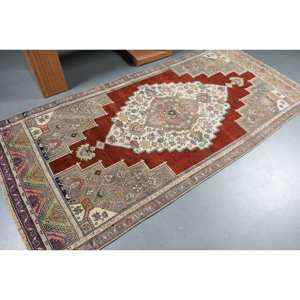 Alfombra de lana Vintage roja y beige, alfombra turca de área grande hecha a mano de 4x8 pies, alfombra rectangular de látex de 10mm, alfombra abstracta para pasillo y habitación - Product Image 2