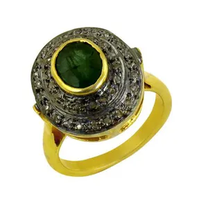 Bague de cocktail pour femme plaquée or 18 carats avec émeraude naturelle ovale sertie pavé, style glamour, cadeau de mariage, bijoux - Product Image 3