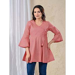 Casual <b>Pink</b> Cotton Printed Angrakha Top Breathable Feature - Product Image 5
