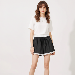 Pantalones Cortos Elásticos de Cintura Alta con Ribete de Encaje de Punto Acanalado 2026, Pantalones Cortos de Pijama Casuales, Suaves y Transpirables para Mujer, Venta al por Mayor - Product Image 1