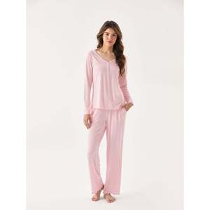 Conjunto de Pijama Personalizado Premium de Bambú Acanalado con Cuello en V y Manga Larga, Suave y Transpirable, Tejido con Estampado Personalizado y Cordón Ajustable para Otoño - Product Image 2