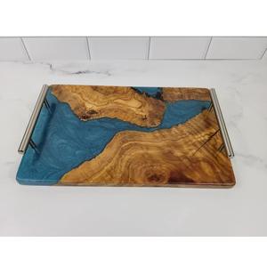 Bandeja de madera y resina de lujo para servir comida, accesorio con mango de Metal para utensilios de cocina, bandeja de servicio de cena de resina sólida y madera para restaurante - Product Image 6