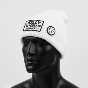 Gorro de punto acrílico premium para hombre, cálido, de punto acanalado, en blanco y negro, con parche de goma personalizado con logotipo, diseño termoadhesivo, gorro jacquard. - Product Image 2