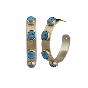 Turquoise Gemstone Décembre Birthstone Hoop Boucles D'oreilles En Laiton Plaqué Or À La Mode Designer Forme Ovale Collet Ensemble À La Mode - Product Image 1