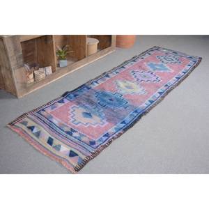 Vintage Turkish Kilim Rug 2,8 X 9,2ft Handmade Blue Pink Wool with Latex Backing for Bedroom Rectangle Patchwork Pattern - Product Image 1