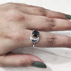 Women's <b>Ring</b> Natural Raw Black Tourmaline Gemstone October Birthstone Crescent <b>Moon</b> Handmade Jewelry 925 Sterling Silver <b>Ring</b> - Product Image 2