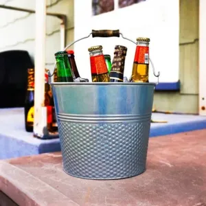 Galvanized <b>Steel</b> <b>Wine</b> <b>Cooler</b> and Champagne Bucket with Wooden Handle for Party Occasions - Product Image 1