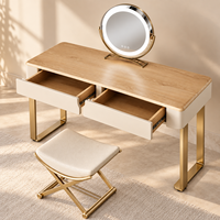 Ensemble de coiffeuse de luxe en bois clair avec miroir LED rond, 2 tiroirs, tabouret rembourré, taille et couleur personnalisables, garantie de 2 ans