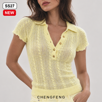 Polo Henley à col en tricot torsadé jaune pâle pour femme, manches courtes, style preppy, fabricant de tricots en gros