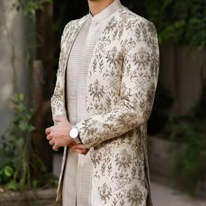 2024 Elegant Silk Groom Kurta Jacket <b>Pant</b> Set Zari Hand Embroidery Stylish Crystal Glass Beads Dabka Work Matching Wedding Suit - Product Image 1
