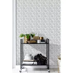 Patrón de círculos ondulados de estilo escandinavo minimalista Diseño simple en blanco y negro para azulejos de pared de piso exterior para uso en la habitación - Product Image 1