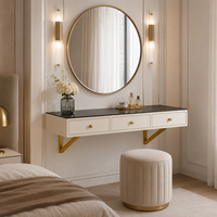 Nouvelle Arrivée Coiffeuse Minimaliste pour Chambre à Coucher avec Miroir Rond Flottant, Rangement Dissimulé et Design Élégant Crème