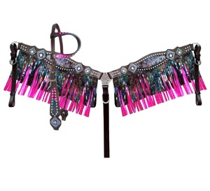 Conjunto de cuello de pecho y cabeza de una oreja occidental de cuero genuino 100% con incrustaciones de arcoíris y fabricante de proveedor metálico rosa - Product Image 1