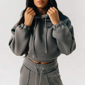 High Quality 2-Piece Women's Casual Sweatsuit <b>Long</b> <b>Sleeve</b> <b>Crop</b> Hoodie & Wide Leg Flare Jogger Set Custom Logo Active Bottoms - Product Image 2