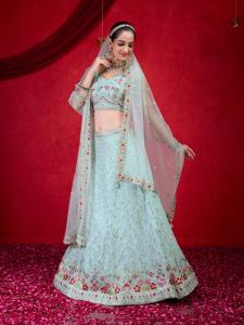 ชุดเลเฮนกาโชลีงานแต่งงานแบบกึ่งสำเร็จรูป คอวี แขนกุด ผ้าจอร์เจตต์สีเขียวอ่อนธรรมชาติ พร้อมผ้าคลุมไหล่ ระบายอากาศได้ดี จากเทรนด์มอลส์ - Product Image 4