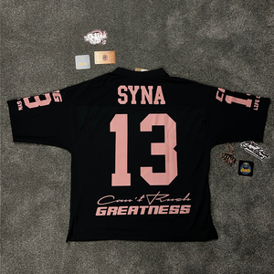 เสื้อยืดฟุตบอล300GSM โอเวอร์ไซส์สำหรับผู้ชายเสื้อสไตล์วินเทจผ้าตาข่ายแนวสตรีทเสื้อยืดไหล่ตกสไตล์ย้อนยุคพิมพ์ลาย - Product Image 2