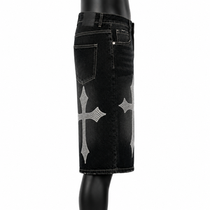 Pantalones Cortos Vaqueros de Mezclilla para Hombre, Estilo Vintage, Lavados, con Cruz de Pedrería, Ajuste Holgado, Estilo Gótico Urbano, Venta al por Mayor - Product Image 4