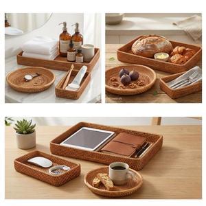 Plateaux de rangement en rotin tressé à la main, couvre-boîtes à mouchoirs, corbeilles à déchets, motifs tropicaux multi-tailles pour salle de bain - Product Image 3