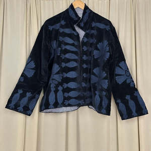 Boho Chic Retro Free Size Full Sleeve Turn-<b>down</b> Collar Hand Embroidered Black Floral Velvet Suzani Open Front Winter Coat Robe - Product Image 5