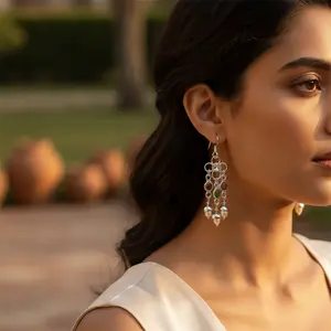 Boucles d'oreilles pendantes vintage en or plaqué, perles et diamants pour les mariages des femmes - Product Image 1