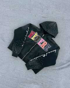 Vente en gros, sweat à capuche personnalisé pour hommes, délavé à l'acide, fermeture éclair avec broderie en strass, streetwear vintage, hiver 100% coton à capuche - Product Image 2