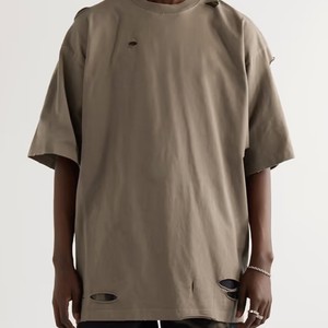 T-shirt déchiré pour homme, manches courtes, couleur unie, style streetwear, jersey, col rond, vêtement décontracté - Product Image 3