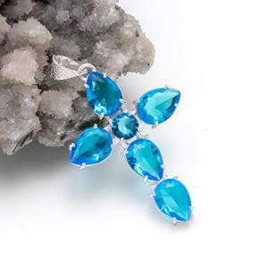 Pendentif unique en argent sterling 925 plaqué rhodium avec topaze bleue de Londres, design bohème en forme de croix, facetté - Product Image 1