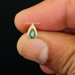 14K Solid Gold Pear Shape <b>Halo</b> Piercing with Green Emerald Fine Jewelry. - Product Image 2