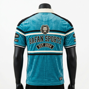 T-shirt de rugby pour homme en tissu tricoté polyester-coton durable, rayures bleu-vert et noir, logo personnalisé par sublimation. Polos de rugby pour homme. - Product Image 2