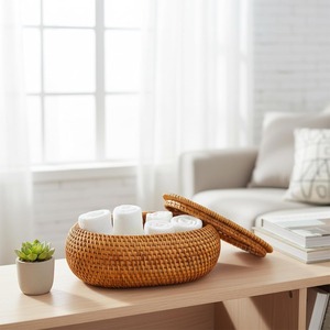 Boîte de rangement multifonctionnelle moderne en rotin naturel ovale Artex Green Earth, écologique, avec couvercle - Product Image 1