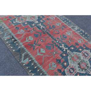 Alfombra Kilim turca Vintage, diseño de retales rojo y azul, 5,2x10,4 pies, tejido plano, respaldo de látex de lana para pasillo, habitación de adolescentes, 10mm - Product Image 5