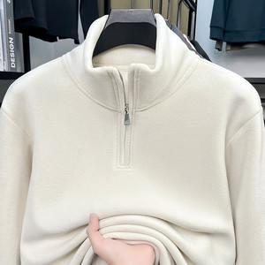 Nouveau sweat à capuche en jersey à col rond et demi-zip à carreaux pour homme, automne/hiver 2025, avec velours, polyvalent, chaud et épais - Product Image 4