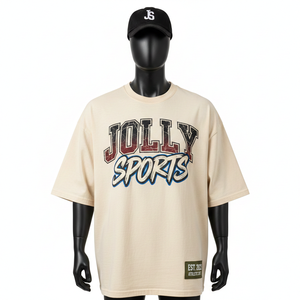 Camiseta Holgada para Hombre, Talla Grande, Algodón Jersey de Alta Calidad de 220 GSM, Transpirable, Color Beige, Estilo Urbano, Impresión de Pantalla, Logotipo Personalizado - Product Image 1