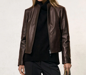 Brown Genuine Leather Breathable Windproof Moto <b>Jacket</b> Stand Collar Zipper Closure Slim Fit <b>Short</b> Length <b>Men</b> Winter Wear - Product Image 1