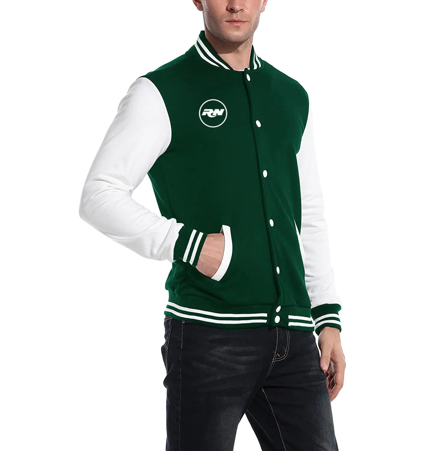 OEM personnalisé de haute qualité hiver couleur marine des années 80 rétro mode satin démarreur côtelé élastique manchette varsity veste pour hommes