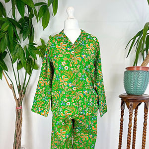 Pur coton Floral pyjama ensemble femmes main bloc imprimé paon jardin moghol persan inspiré vêtements de nuit d'été blanc vert - Product Image 1