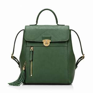 Sac à dos en cuir vert de luxe avec fermeture à rabat et pompon, style designer, idéal pour les étudiants et les jeunes professionnels - Product Image 1