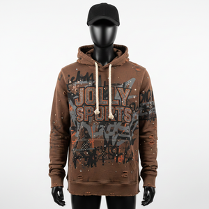 Sudadera con Capucha para Hombre de Alta Calidad, 320 GSM, Tela de Algodón Suave, Diseño de Grafiti Marrón con Logotipo Personalizado de Diamantes de Imitación, Sudadera Básica - Product Image 1