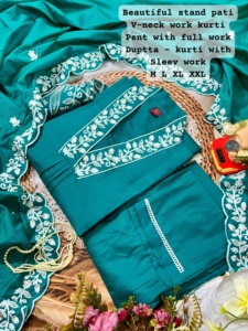 Muselina viscosa de diseñador y romana con trabajo manual Kurti Pant y Dupatta Fabricante de India a la tarifa más baja - Product Image 2