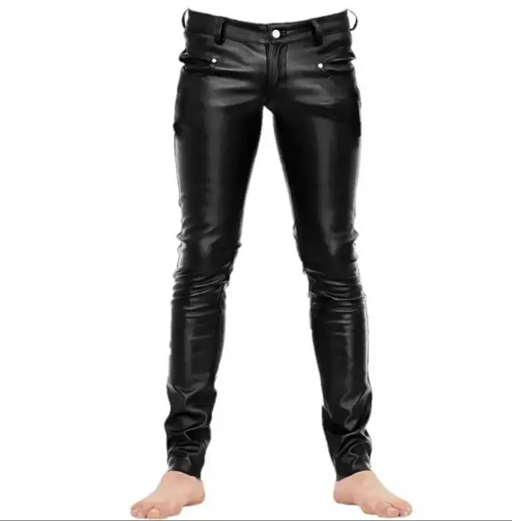 Custom Skinny Plaid Slim Stacked Black Men's Trousers Faux Leather Fabric Men Leather Pants