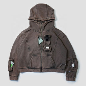 Custom High Quality 350gsm Heavy Weight <b>Fleece</b> Vintage Washed <b>Zipper</b> up Distress Eco-Friendly Winter Hood for Men Cargo Hoodies - Product Image 1